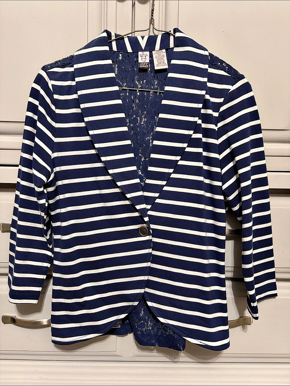 Striped Lace-Back Knit Blazer in Navy & White Size Medium